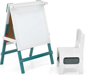 Cavalete infantil reversível 55 x 48 x 75-94 cm com cadeira ajustável com quadro negro e Quadro branco e Porta-papel verde