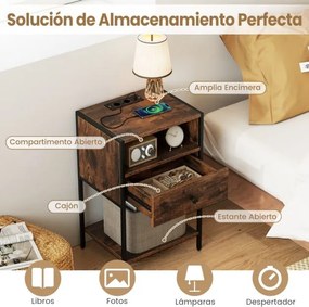 Conjunto de 2 mesas de cabeceira, mesas apoio 40 x 32 x 65 cm com Estação de carregamento, Compartimento aberto Gaveta Castanho Rústico