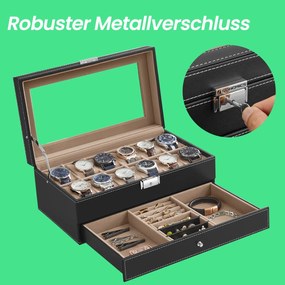 Caixa para relógios com tampa de vidro, 2 níveis 18,5 x 32,5 x 13,5 cm preta