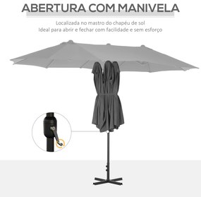 Chapéu de Sol Duplo 4,55x2,65x2,38 m Chapéu de Sol de Jardim com Manivela Manual com Proteção Solar UV Cinza