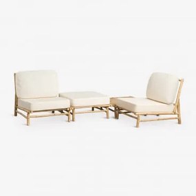 Conjunto De Jardim Com 2 Poltronas, Puff E Mesa De Centro Quadrada 75x75 Cm Em Bambu Isendra Tecido Branco - Sklum