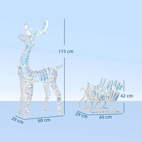 Rena e trenó de Natal iluminados  60 x 29 x 115 cm com 170 LEDs de luz branca quente, decoração de Natal para interior e exterior,
