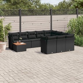 11 pcs conjunto sofás de jardim c/ almofadões vime PE preto