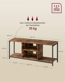 Móvel TV 147 x 40 x 50 cm com compartimentos abertos para televisores até 65" Preto e castanho escuro