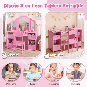 Conjunto 2 em 1 Toucador e Cadeira de Maquiagem para Crianças a partir de 3 anos com 3 Espelhos Removíveis e 4 Compartimentos de Armazenamento Rosa