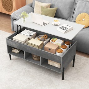 Mesa de centro 100 x 50 x 45 cm elevável com tampo ajustável, amplo compartimento oculto e 3 espaços abertos, com pés em metal cinzenta