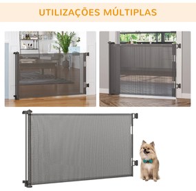 PawHut Barreira de Segurança para Cães Extensível 0-150cm Porta de Proteção Retrátil para Animais de Estimação Barreira para Escadas e Corredores Liga de Alumínio 165x10,7x85cm Cinza