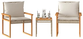 3 pcs conj. bistrô c/ almofadões vime PE/acácia mistura beges
