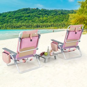 Conjunto de 2 cadeiras reclináveis de exterior com estrutura de alumínio e mesa de jardim, piscina campismo, praia dobraveis Rosa