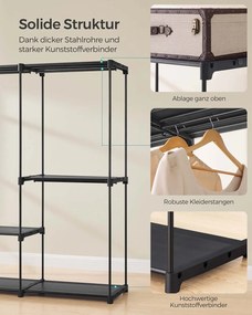 Guarda roupa aberto com 5 compartimentos para pendurar 205 x 43 x 166 cm preto