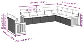 10 pcs conjunto sofás de jardim c/ almofadões vime PE cinzento