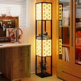 Candeeiro de pé 26 x 26 x 156 cm com 2 luzes e prateleiras de madeira com 2 abajures com padrões recortados Luz independente com puxador preto