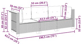 Sofá de jardim de 3 lugares com almofadões vime PE cinzento
