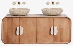 Conjunto De Móvel De Casa De Banho Dupla Suspensa 130x45 Cm Em Madeira De Manga E Pedra Natural Kivalina Sem Espelho & Travertino - Madeira De Manguei