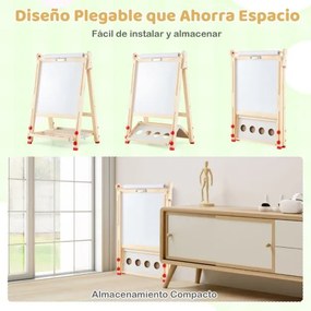 Cavalete de Arte em Madeira para Crianças Dobrável 3 em 1 de Dupla Face com Quadro Magnético Quadro Branco Natural