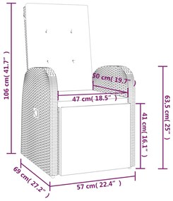 Cadeiras de jardim reclináveis c/ almofadões 2pcs vime PE cinza