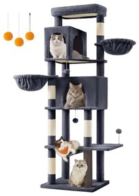 Arranhador para gatos com 190,7 cm de altura, 2 cavernas e 2 cavidades para descansar cinza escuro