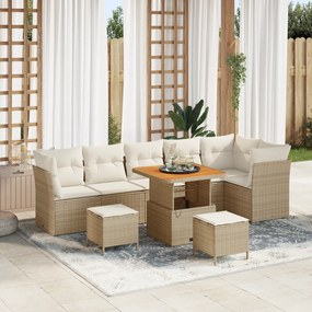 Conjunto de Sofá de Jardim de 9 Peças com Almofadas Beges Rattan Polié