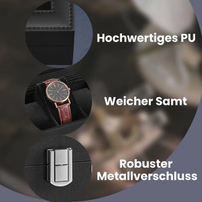 Caixa para relógios 20,2 x 25,5 x 7,8 cm com 6 compartimentos com tampa de vidro capa em preto + forro aveludado em cinzento