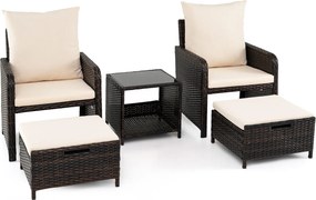 Conjunto de 5 Peças, 2 Cadeiras de Jardim, Mesa Auxiliar e 2 Apoios para os Pés, 45,5 x 45,5 x 43 cm, Almofadas de Alta Densidade, Bege