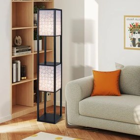 Candeeiro de pé e prateleiras de madeira 26 x 26 x 156 cm com 2 abajures com padrões recortados Luz independente com puxador e interruptor preto