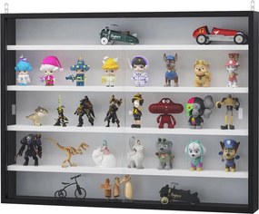 Vitrine de Parede de Madeira com Prateleiras Ajustáveis e 2 Portas Corredeiras de Vidro para Coleções Perfumes Bonecos de Decoração 80x9,5x60cm Preto