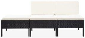 3 pcs conjunto lounge de jardim c/ almofadões vime PE preto