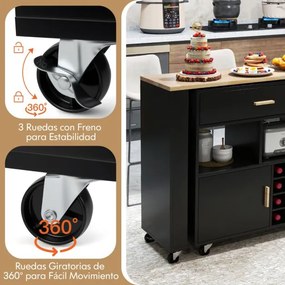 Carrinho de cozinha móvel 2 em 1 com garrafeira e Gaveta 120 x 40 x 100 cm Preto