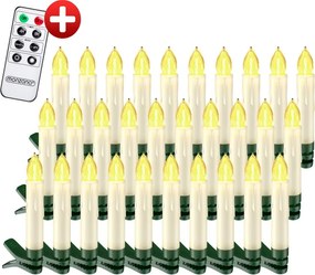 Conjunto de 30 velas LED para árvore de Natal com controlo remoto Ø1,5 x 10,5 cm Creme (Vela) + Verde (Fixação) + Branco quente (Luz)