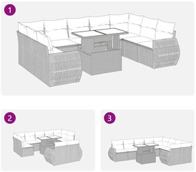 10 pcs conjunto de sofás p/ jardim com almofadões vime PE bege