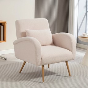 Poltrona de sala em tecido Teddy, cadeira estofada, assento largo, almofada lombar, pés em metal com efeito de madeira, bege