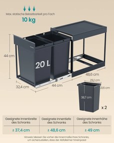 Caixote do lixo com dois compartimentos 48,6 x 32,4 x 44 cm e sistema de separação de resíduos extraível cinzento