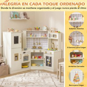 Cozinha de Brinquedo de Canto, 134 x 71 x 90 cm, Torneira com Circulação de Água, Bege