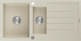 Mexen Andres lava-louça em granito com 1,5 cubas e escorredor 1000 x 500 mm, bege, sifão cromado - 6515101510-69
