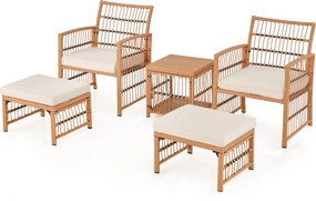 Conjunto de jardim exterior de 5 peças: mesa e cadeiras de rattan PE com almofadas macias, mesa de centro de 2 níveis e 2 Pufes, cor natural e almofad