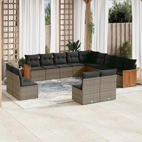 13 pcs conjunto sofás p/ jardim c/ almofadões vime PE cinzento