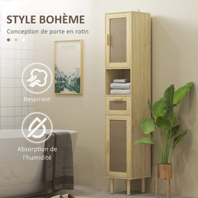 Móvel de casa de banho 32 x 30 x 170 cm com coluna de arrumação, portas em rattan, gaveta e 2 armários, cor em carvalho