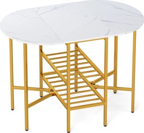 Mesa de jantar extensível e dobrável com 2 extensões rebatíveis 110 x 70 x 76 cm, 2 prateleiras de arrumação e Estrutura metálica para espaços pequeno