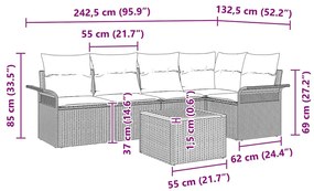 Conjunto de Sofá de Jardim 6 Peças com Almofadas Pretas em Rattan de P