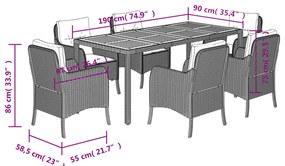 7 pcs conjunto de jantar p/ jardim c/ almofadões vime PE preto
