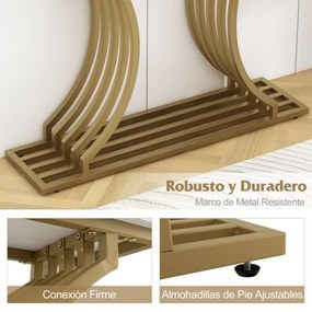 Mesa de consola moderna de 100 cm com tampo em mármore sintético e pernas metálicas geométricas para sala de estar dourada
