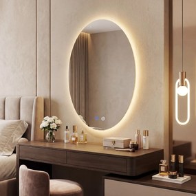 Espelho oval 70 x 50 cm, 3 cores de luz reguláveis, função de memória, espelho de vidro temperado Prata