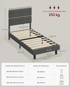 Estrutura de cama moderna 90 x 200 cm (COLCHÃO NÃO INCLUIDO) com cabeceira estofada para quarto cinza ardósia