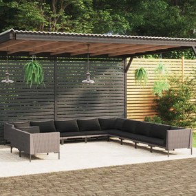vidaXL 11 pcs conj. lounge jardim c/ almofadões vime PE cinza-escuro