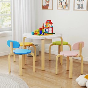 Conjunto de mesa infantil em forma de flor com 2 cadeiras e 2 bancos coloridas e arrumação debaixo da mesa de madeira para atividades artísticas e man