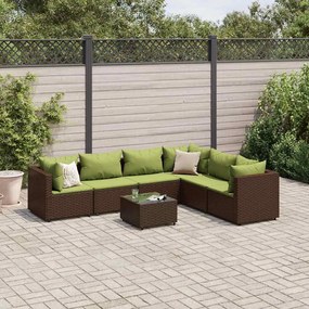 7 pcs conjunto lounge de jardim c/ almofadões vime PE castanho