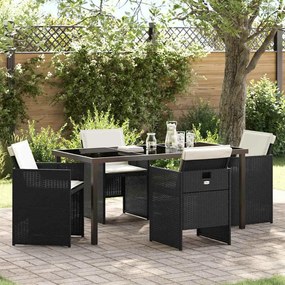 Conjunto de Jantar de Jardim de 5 Peças com Almofadas Preto Rattan Poliéster
