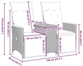 Sofá de jardim reclinável de 2 lugares com Mesa em vime sintético cinz