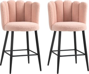 Conjunto de 2 bancos de bar com encosto e apoio para os pés, pés em aço, 52 x 53 x 93 cm, rosa