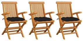 vidaXL Cadeiras de jardim c/ almofadões pretos 3 pcs teca maciça